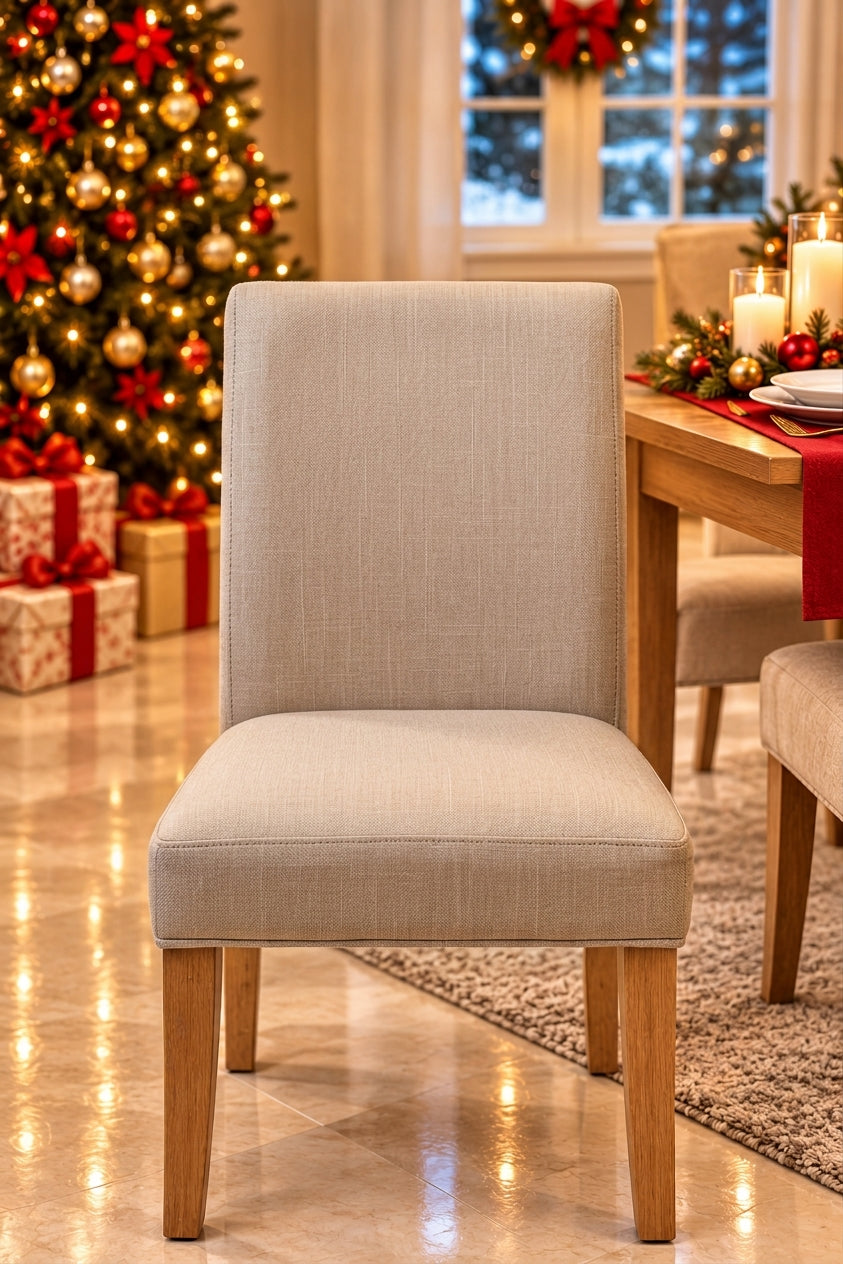 Silla beige de comedor sin funda en un ambiente navideño